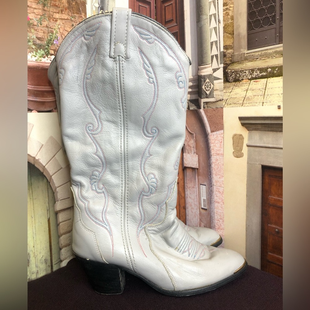Vintage Acme Leather Cowgirl Boots Gray With Red/blue